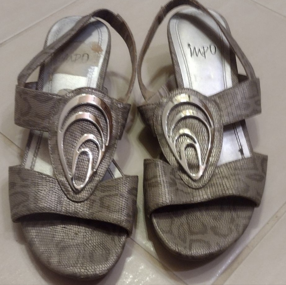 Women's IMPO Slingback Small Wedge Shoes Taupe w/ Metal Embellishment